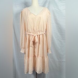 (XL) CLEARLOVE Peach Long Puffed Sleeve V-Neck Swiss Dots